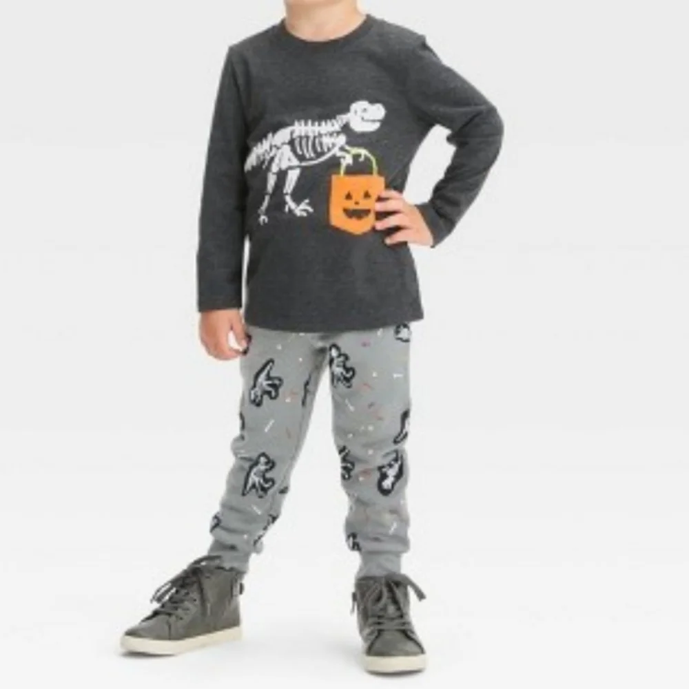 Cat & Jack Halloween Dinosaur Print Kids Joggers w/ Long Sleeve Matching Shirt